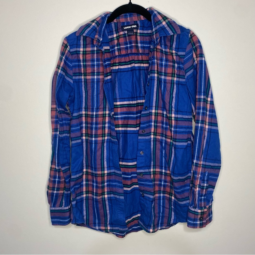 Lands' End Flannel Plaid Shirt Blue Multi-Color Classic Preppy Casual Size XS